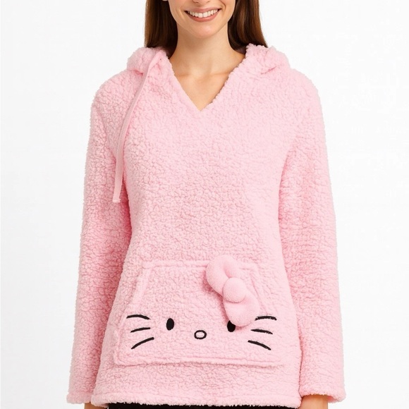 Hello Kitty Pink Sherpa Fleece Sleepwear Hoodie Pullover Pajama Top Women's L - Picture 1 of 11